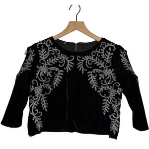 Velvet Embellished Crop Top Size XS S Black Embroidered Cold Shoulder Whimsygoth